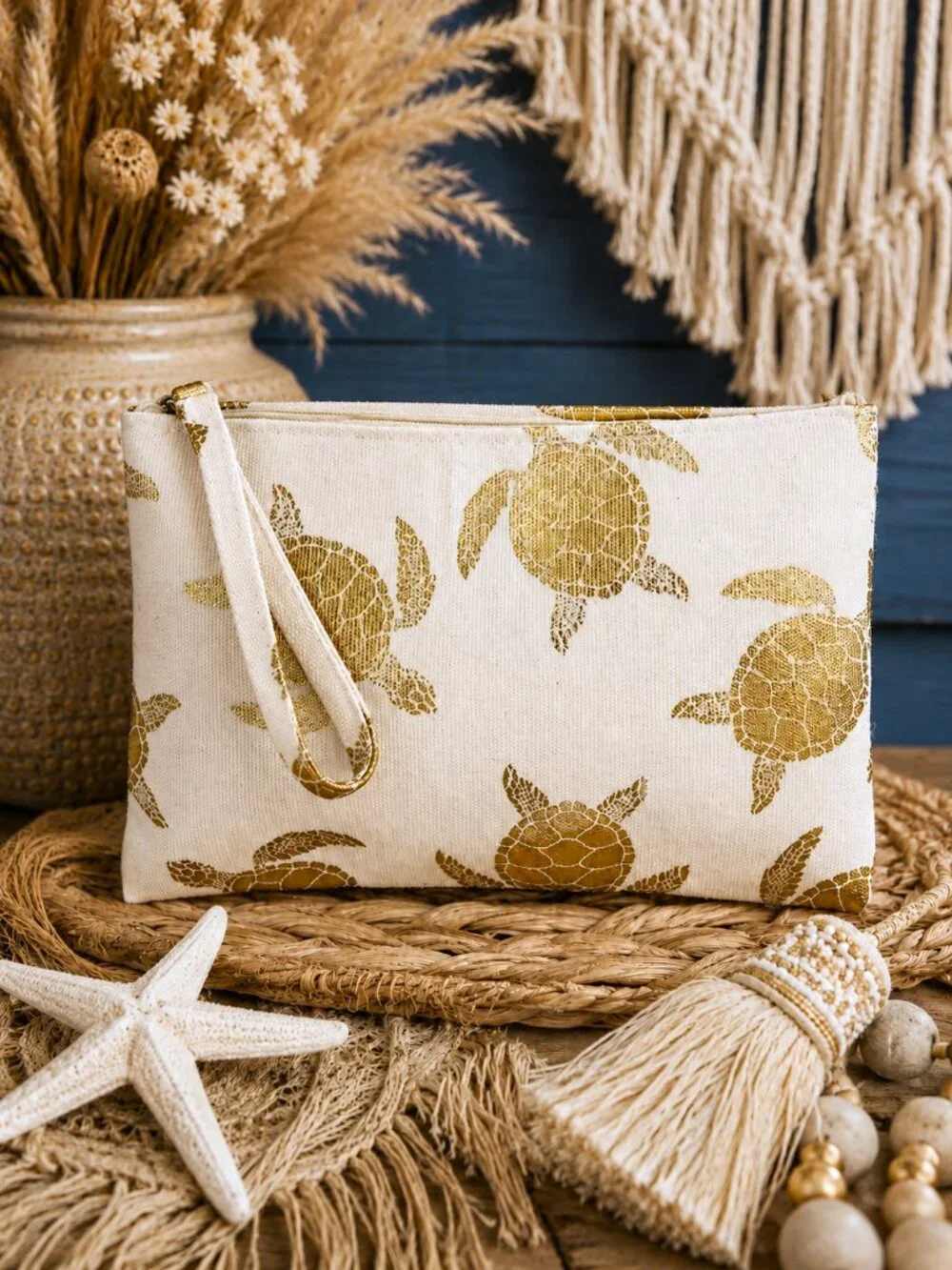 Sea Turtle Wristlet Pouch Ivory Gold Metallic Beach Cosmetic Travel Clutch NWT
